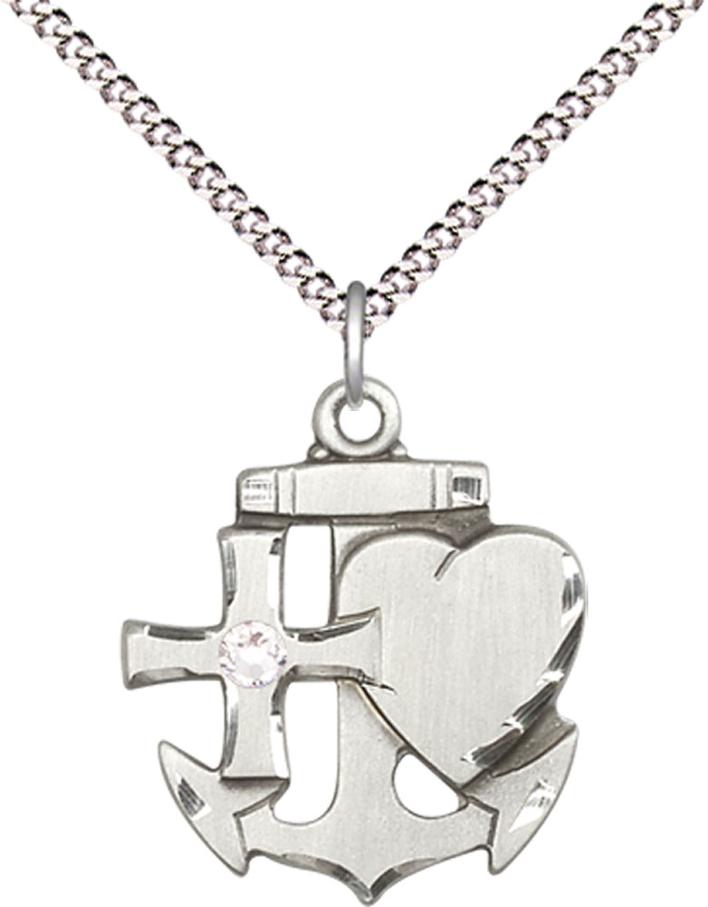 Sterling Silver Faith, Hope &amp; Charity Pendant with a 3mm Crystal Swarovski stone on a 18 inch Light Rhodium Light Curb chain