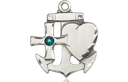 Sterling Silver Faith, Hope &amp; Charity Medal with a 3mm Emerald Swarovski stone