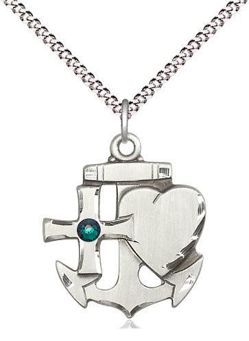 Sterling Silver Faith, Hope &amp; Charity Pendant with a 3mm Emerald Swarovski stone on a 18 inch Light Rhodium Light Curb chain