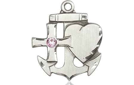 Sterling Silver Faith, Hope &amp; Charity Medal with a 3mm Light Amethyst Swarovski stone