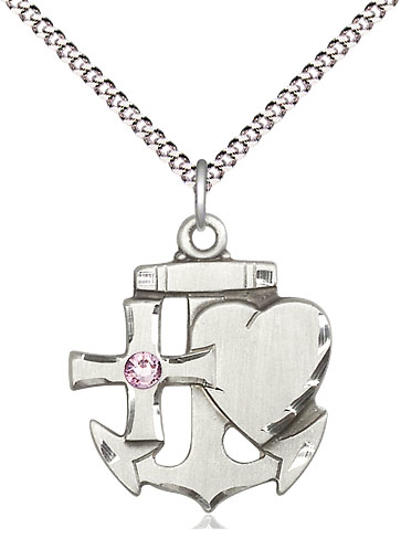 Sterling Silver Faith, Hope &amp; Charity Pendant with a 3mm Light Amethyst Swarovski stone on a 18 inch Light Rhodium Light Curb chain