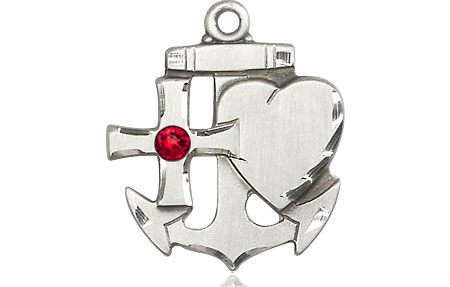 Sterling Silver Faith, Hope &amp; Charity Medal with a 3mm Ruby Swarovski stone