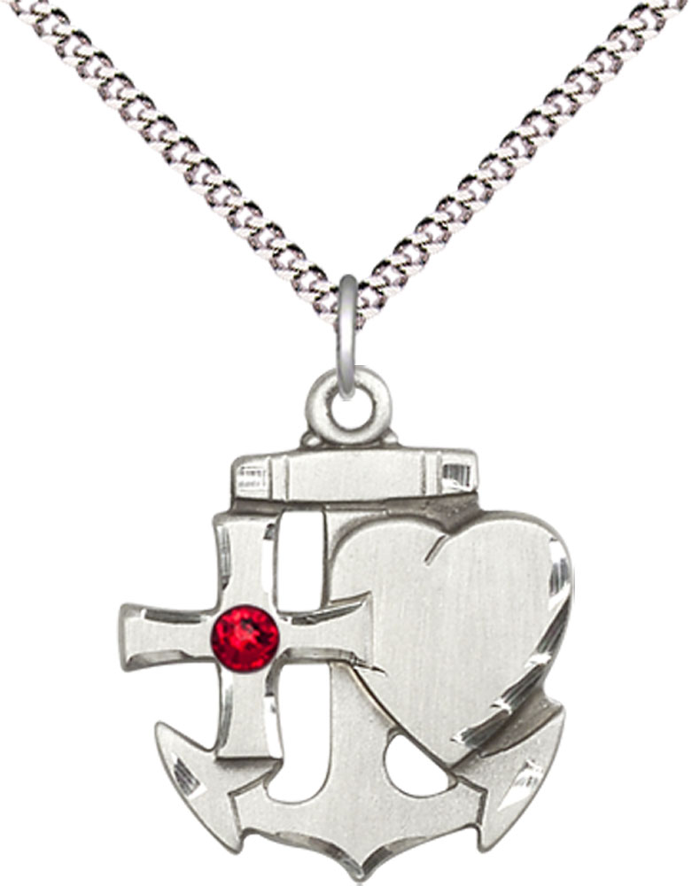 Sterling Silver Faith, Hope &amp; Charity Pendant with a 3mm Ruby Swarovski stone on a 18 inch Light Rhodium Light Curb chain