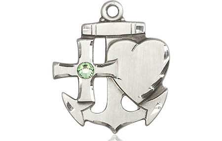 Sterling Silver Faith, Hope &amp; Charity Medal with a 3mm Peridot Swarovski stone