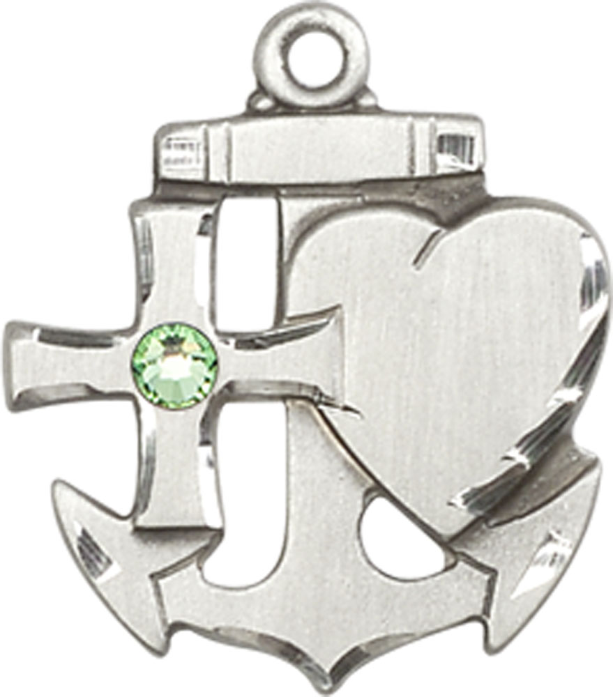 Sterling Silver Faith, Hope &amp; Charity Medal with a 3mm Peridot Swarovski stone