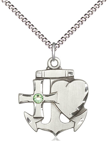 Sterling Silver Faith, Hope &amp; Charity Pendant with a 3mm Peridot Swarovski stone on a 18 inch Light Rhodium Light Curb chain