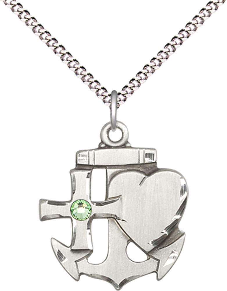 Sterling Silver Faith, Hope &amp; Charity Pendant with a 3mm Peridot Swarovski stone on a 18 inch Light Rhodium Light Curb chain