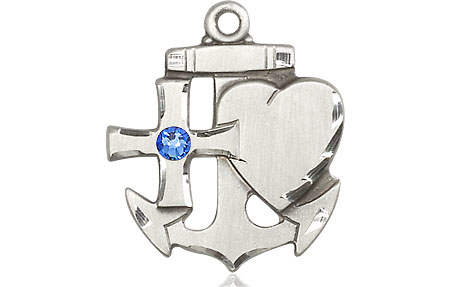 Sterling Silver Faith, Hope &amp; Charity Medal with a 3mm Sapphire Swarovski stone