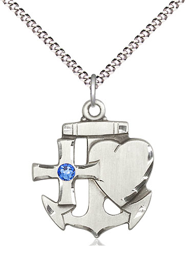 Sterling Silver Faith, Hope &amp; Charity Pendant with a 3mm Sapphire Swarovski stone on a 18 inch Light Rhodium Light Curb chain