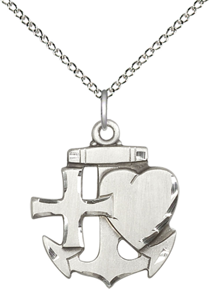 Sterling Silver Faith, Hope &amp; Charity Pendant on a 18 inch Sterling Silver Light Curb chain