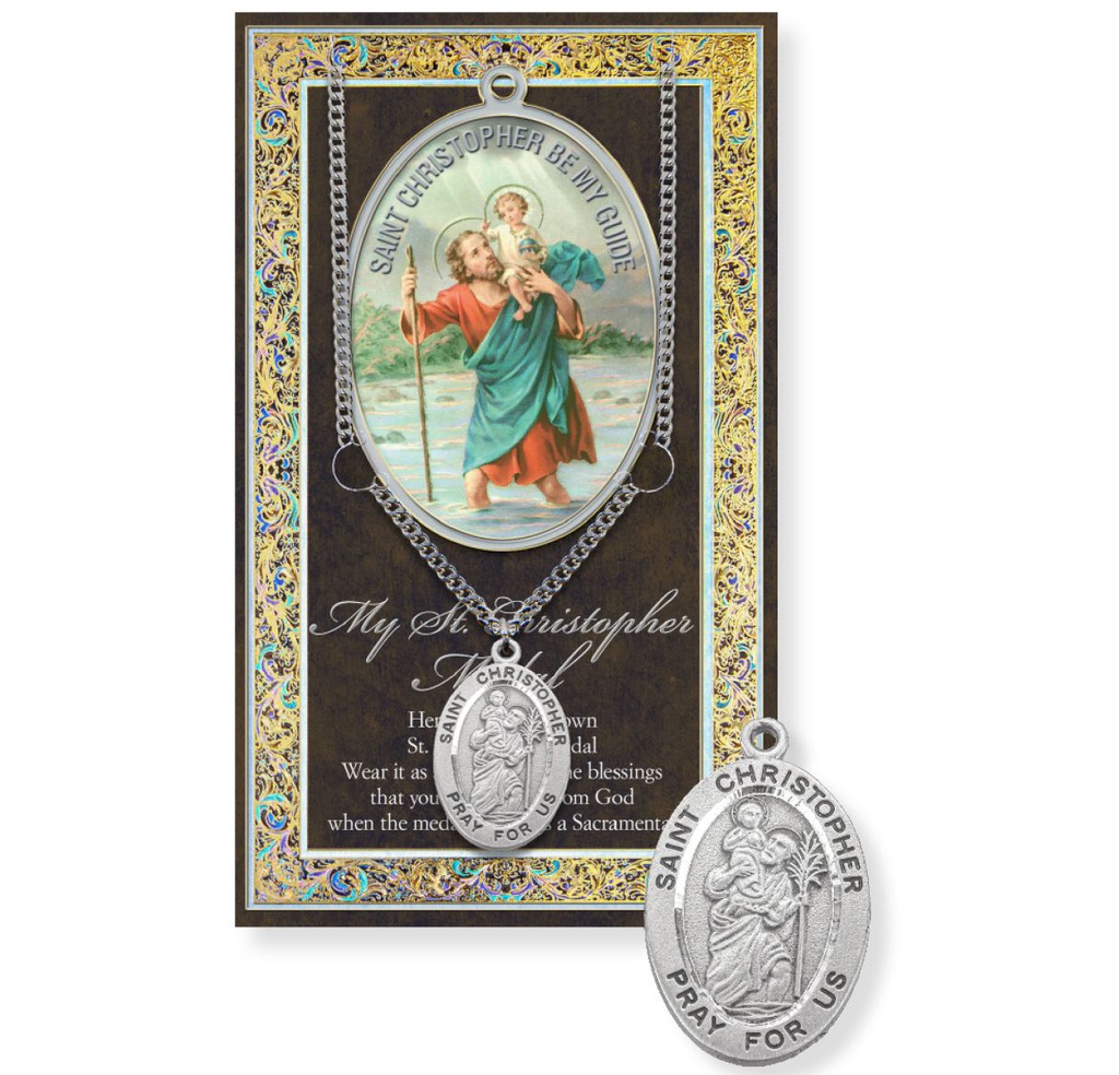 St. Christopher w chain Genuine Pewter Medal on a 24&quot; Chain with Biography and Picture Folder