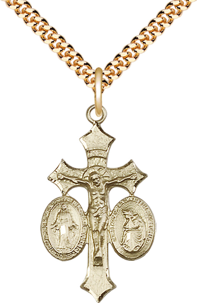 14kt Gold Filled Jesus, Mary, Our Lady of La Salette Pendant on a 24 inch Gold Plate Heavy Curb chain