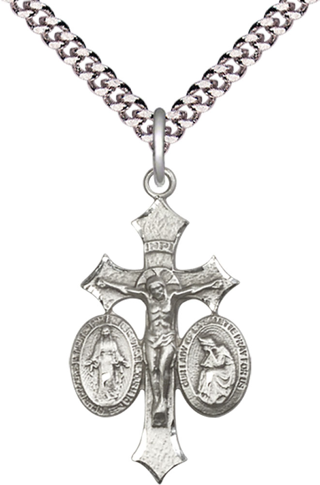 Sterling Silver Jesus, Mary, Our Lady of La Salette Pendant on a 24 inch Light Rhodium Heavy Curb chain