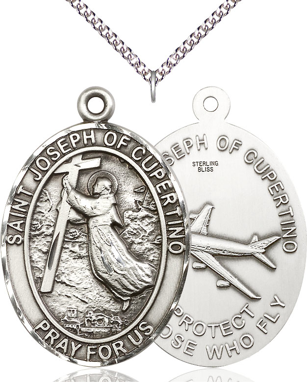 Sterling Silver Saint Joseph of Cupertino Pendant on a 24 inch Sterling Silver Heavy Curb chain