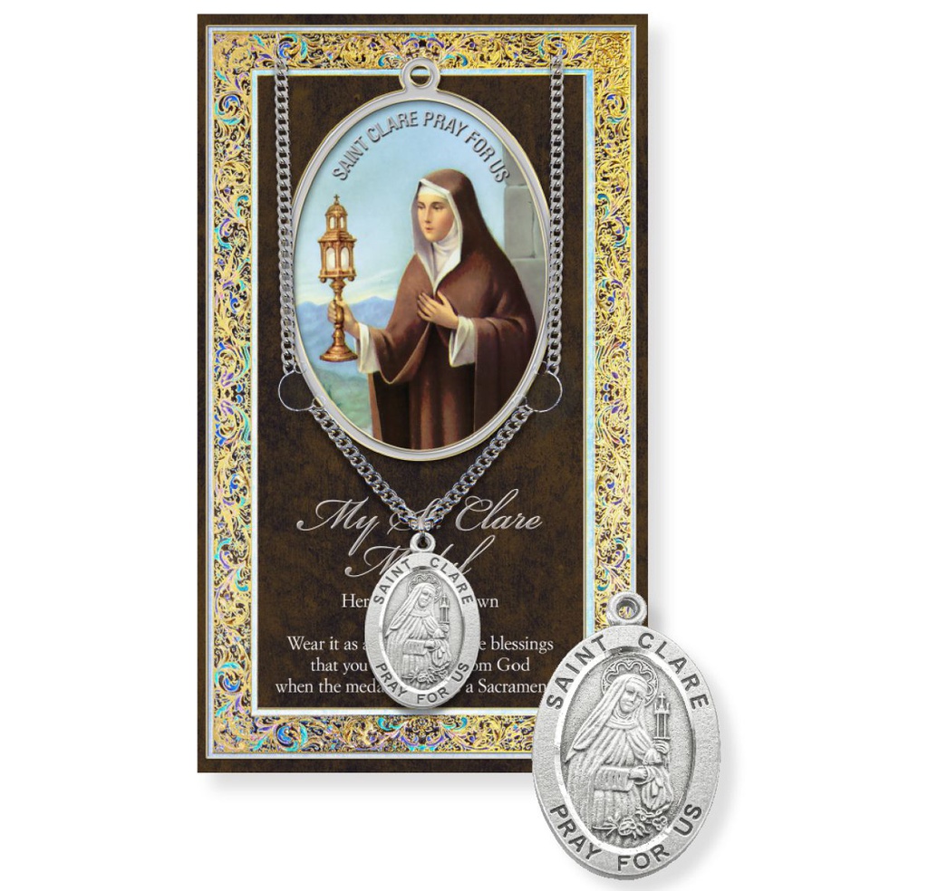 St. Clare Genuine Pewter Medal on a 24&quot; Chain with Biography and Picture Folder