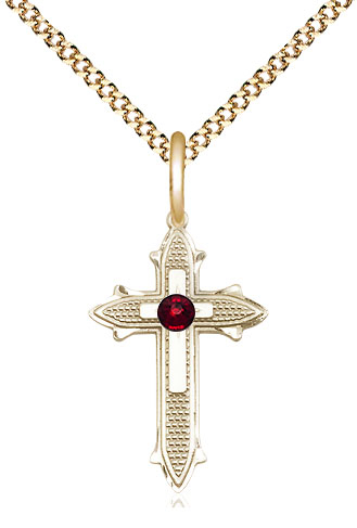 14kt Gold Filled Cross on Cross Pendant with a 3mm Garnet Swarovski stone on a 18 inch Gold Plate Light Curb chain