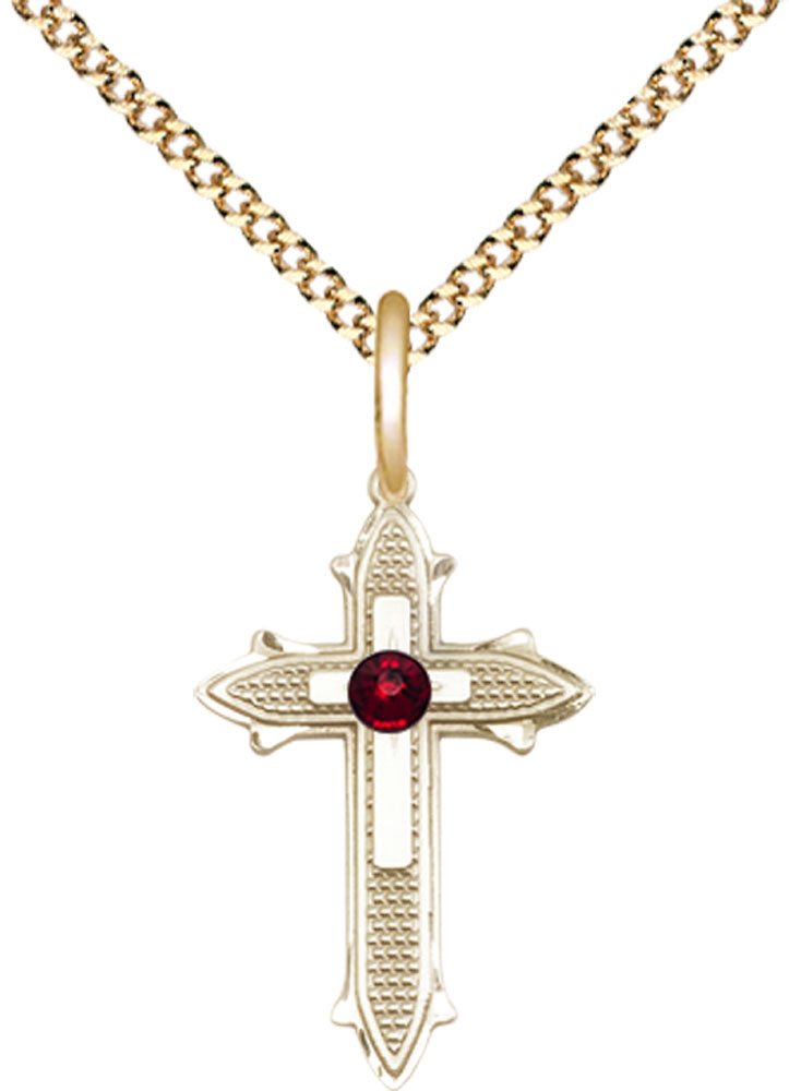 14kt Gold Filled Cross on Cross Pendant with a 3mm Garnet Swarovski stone on a 18 inch Gold Plate Light Curb chain