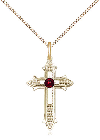 14kt Gold Filled Cross on Cross Pendant with a 3mm Garnet Swarovski stone on a 18 inch Gold Filled Light Curb chain