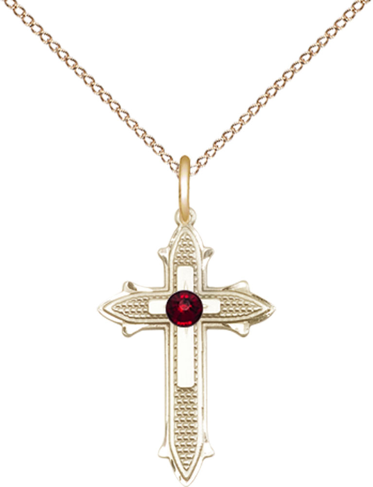 14kt Gold Filled Cross on Cross Pendant with a 3mm Garnet Swarovski stone on a 18 inch Gold Filled Light Curb chain