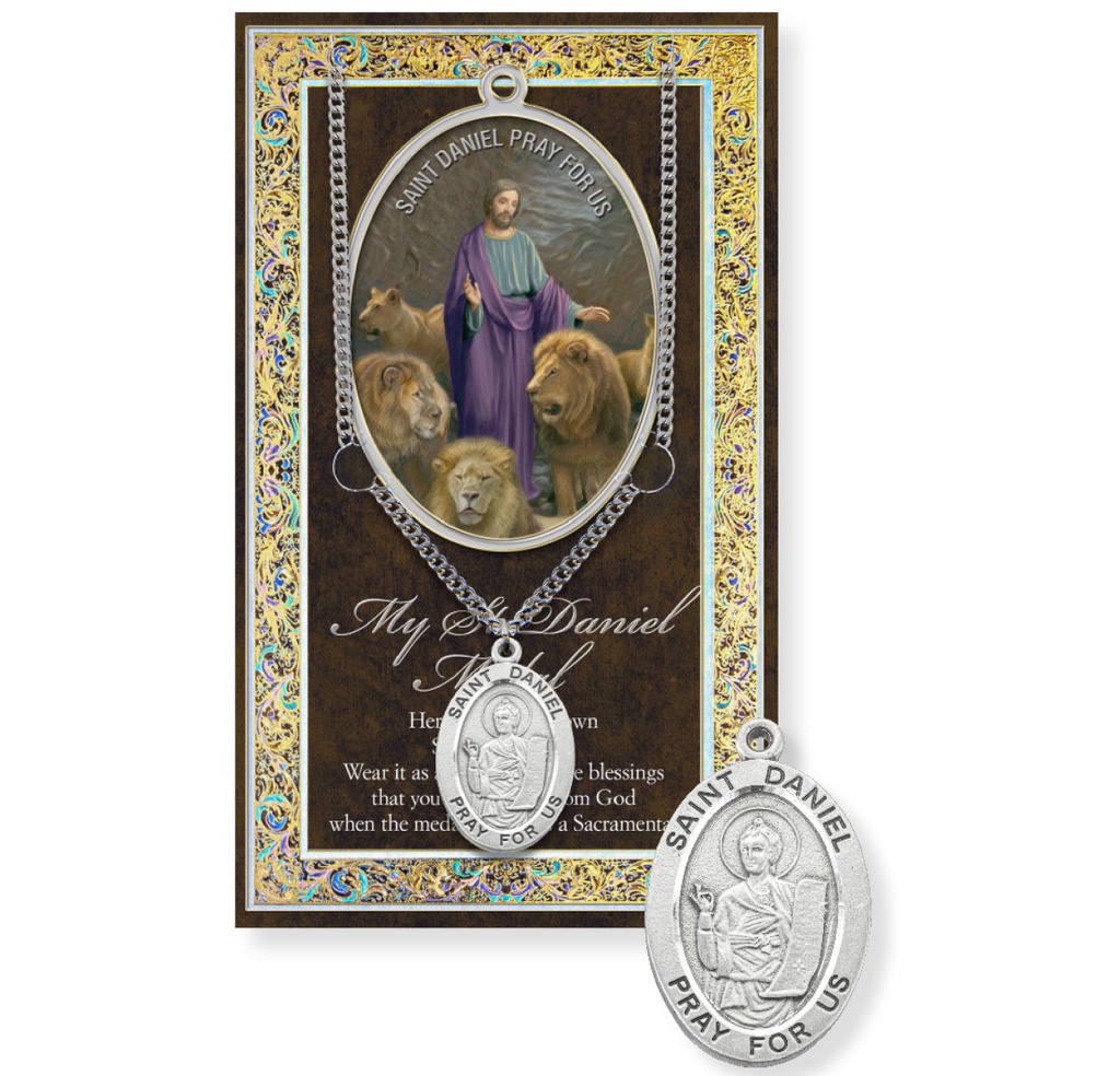 St. Daniel Genuine Pewter Medal on a 24" Chain with Biography and Picture Folder
