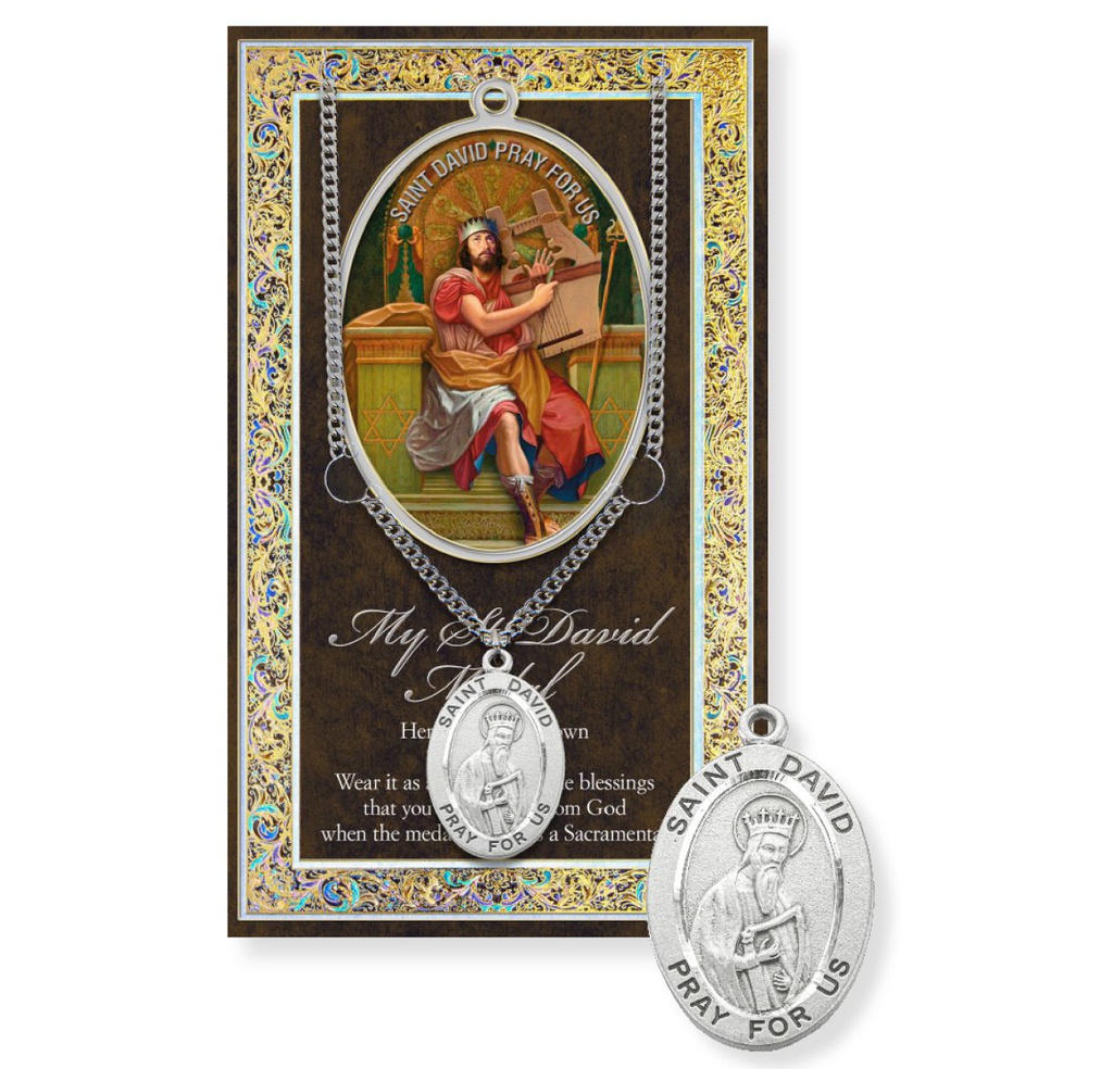 St. David Genuine Pewter Medal on a 24&quot; Chain with Biography and Picture Folder