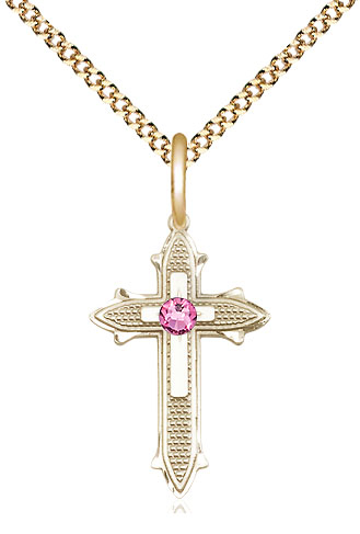 14kt Gold Filled Cross on Cross Pendant with a 3mm Rose Swarovski stone on a 18 inch Gold Plate Light Curb chain