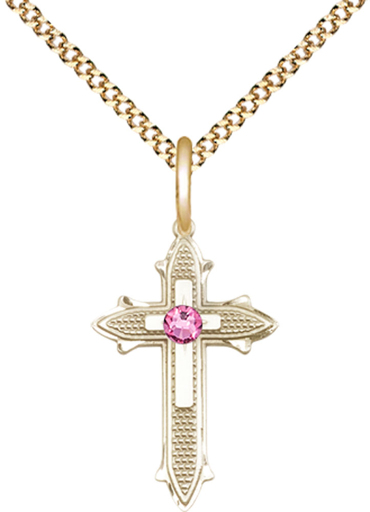 14kt Gold Filled Cross on Cross Pendant with a 3mm Rose Swarovski stone on a 18 inch Gold Plate Light Curb chain