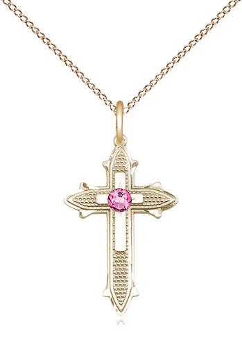 14kt Gold Filled Cross on Cross Pendant with a 3mm Rose Swarovski stone on a 18 inch Gold Filled Light Curb chain