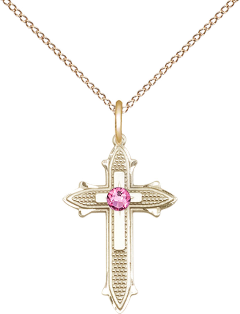 14kt Gold Filled Cross on Cross Pendant with a 3mm Rose Swarovski stone on a 18 inch Gold Filled Light Curb chain