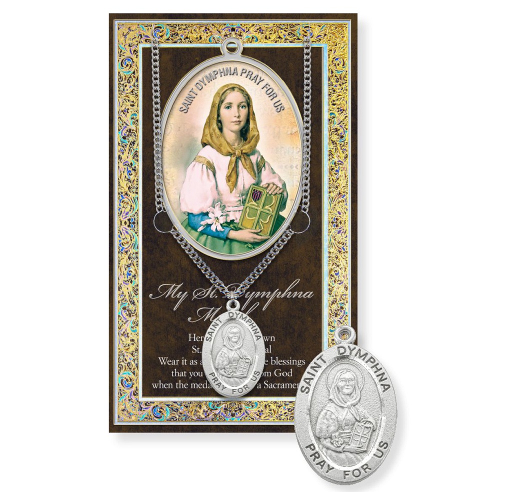 St. Dymphna Genuine Pewter Medal on a 24&quot; Chain with Biography and Picture Folder