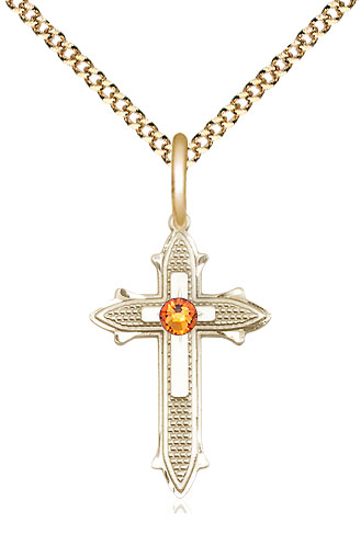 14kt Gold Filled Cross on Cross Pendant with a 3mm Topaz Swarovski stone on a 18 inch Gold Plate Light Curb chain