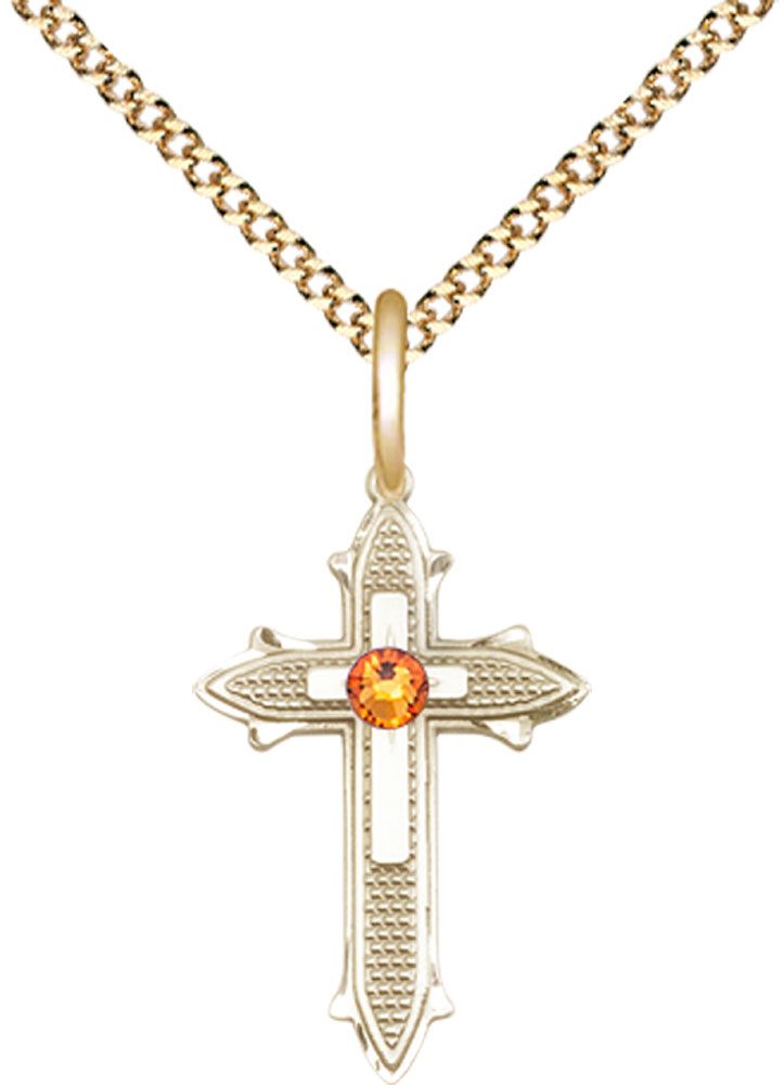 14kt Gold Filled Cross on Cross Pendant with a 3mm Topaz Swarovski stone on a 18 inch Gold Plate Light Curb chain