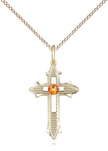 14kt Gold Filled Cross on Cross Pendant with a 3mm Topaz Swarovski stone on a 18 inch Gold Filled Light Curb chain