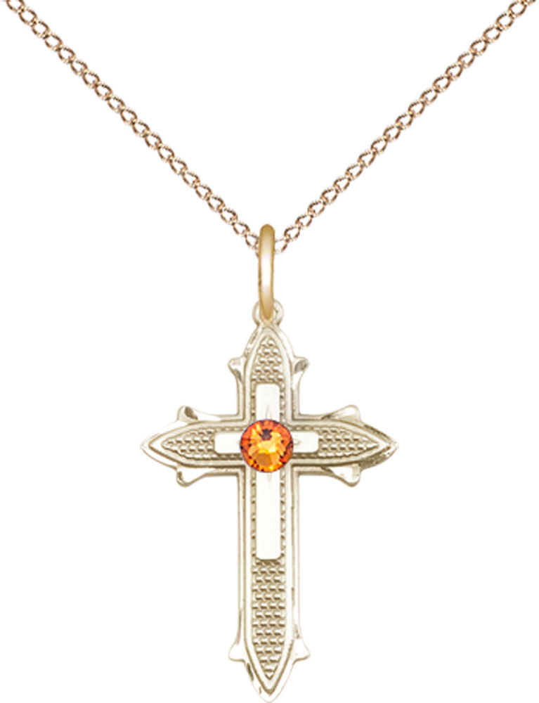 14kt Gold Filled Cross on Cross Pendant with a 3mm Topaz Swarovski stone on a 18 inch Gold Filled Light Curb chain