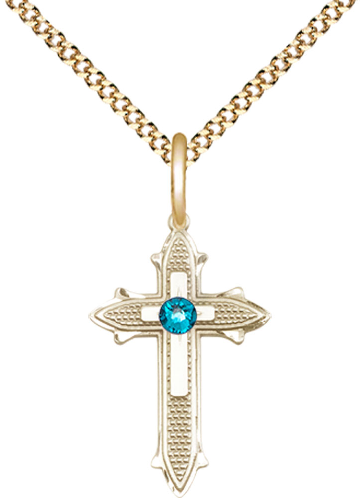 14kt Gold Filled Cross on Cross Pendant with a 3mm Zircon Swarovski stone on a 18 inch Gold Plate Light Curb chain