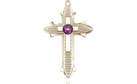 14kt Gold Filled Cross on Cross Medal with a 3mm Amethyst Swarovski stone