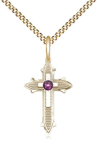 14kt Gold Filled Cross on Cross Pendant with a 3mm Amethyst Swarovski stone on a 18 inch Gold Plate Light Curb chain