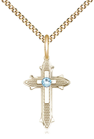 14kt Gold Filled Cross on Cross Pendant with a 3mm Aqua Swarovski stone on a 18 inch Gold Plate Light Curb chain