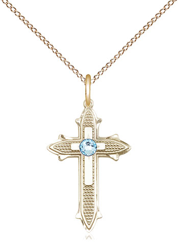 14kt Gold Filled Cross on Cross Pendant with a 3mm Aqua Swarovski stone on a 18 inch Gold Filled Light Curb chain