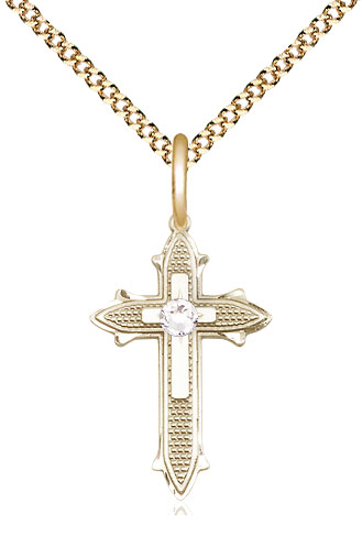 14kt Gold Filled Cross on Cross Pendant with a 3mm Crystal Swarovski stone on a 18 inch Gold Plate Light Curb chain