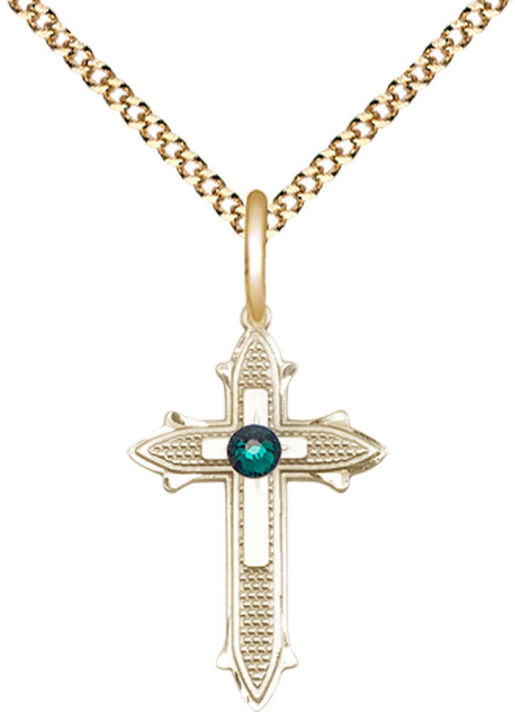 14kt Gold Filled Cross on Cross Pendant with a 3mm Emerald Swarovski stone on a 18 inch Gold Plate Light Curb chain