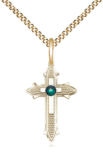 14kt Gold Filled Cross on Cross Pendant with a 3mm Emerald Swarovski stone on a 18 inch Gold Plate Light Curb chain