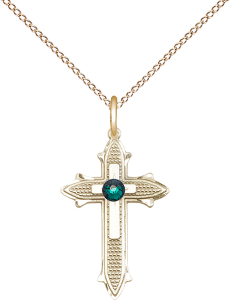 14kt Gold Filled Cross on Cross Pendant with a 3mm Emerald Swarovski stone on a 18 inch Gold Filled Light Curb chain