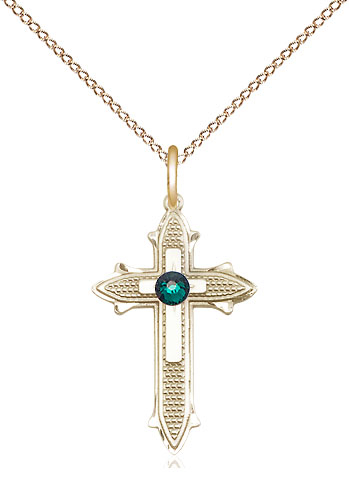 14kt Gold Filled Cross on Cross Pendant with a 3mm Emerald Swarovski stone on a 18 inch Gold Filled Light Curb chain