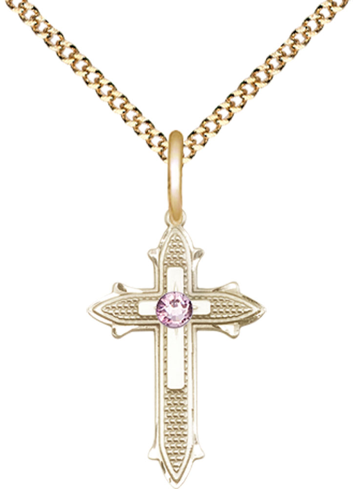 14kt Gold Filled Cross on Cross Pendant with a 3mm Light Amethyst Swarovski stone on a 18 inch Gold Plate Light Curb chain