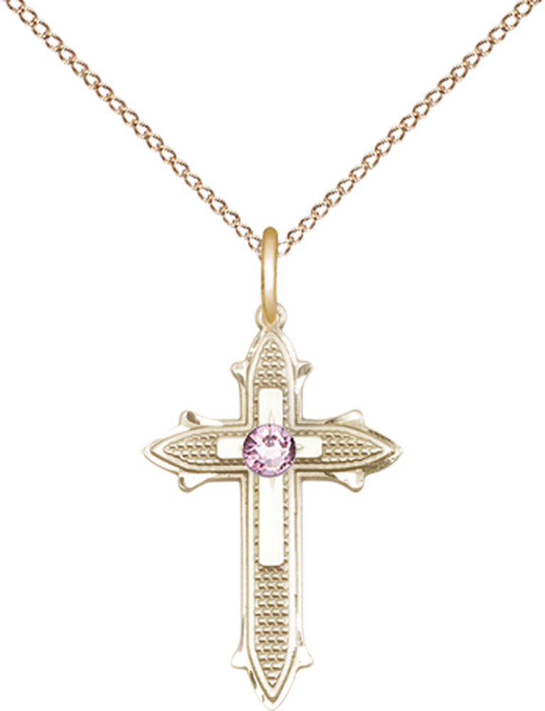 14kt Gold Filled Cross on Cross Pendant with a 3mm Light Amethyst Swarovski stone on a 18 inch Gold Filled Light Curb chain