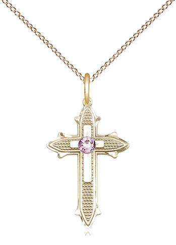 14kt Gold Filled Cross on Cross Pendant with a 3mm Light Amethyst Swarovski stone on a 18 inch Gold Filled Light Curb chain