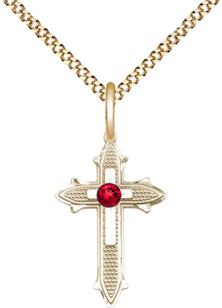 14kt Gold Filled Cross on Cross Pendant with a 3mm Ruby Swarovski stone on a 18 inch Gold Plate Light Curb chain