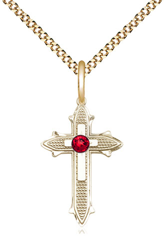 14kt Gold Filled Cross on Cross Pendant with a 3mm Ruby Swarovski stone on a 18 inch Gold Plate Light Curb chain