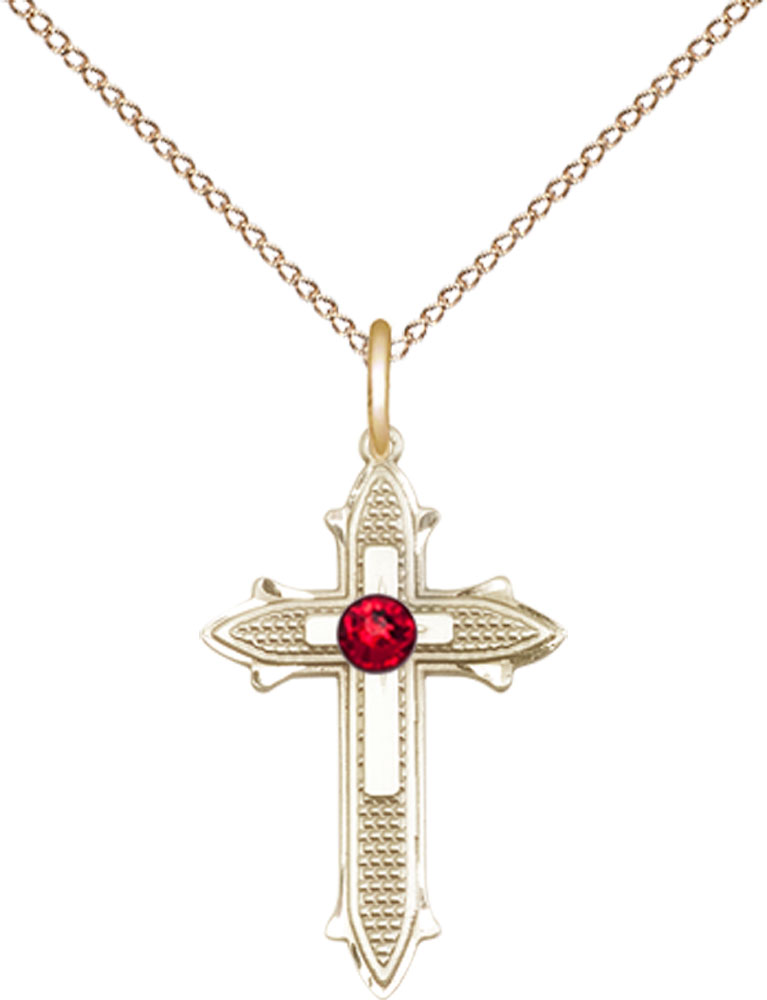 14kt Gold Filled Cross on Cross Pendant with a 3mm Ruby Swarovski stone on a 18 inch Gold Filled Light Curb chain